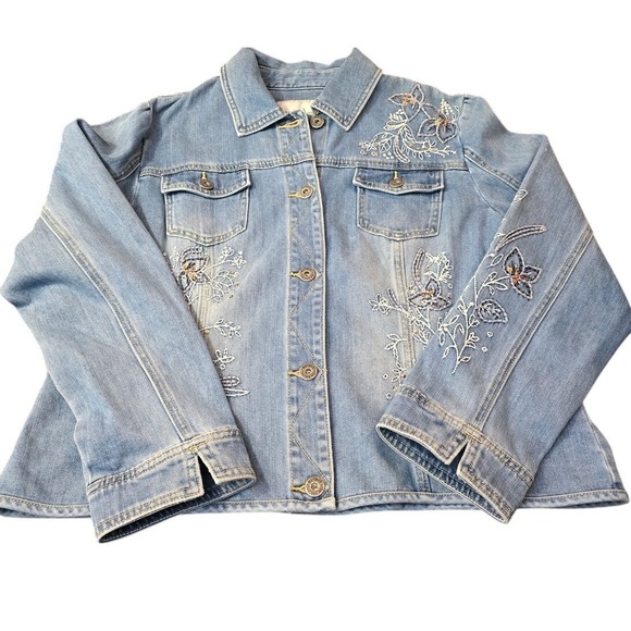 Chico's Denim Jacket Thirty Unforgettable Years Size 2(L) Stretch Embellished - Picture 1 of 10